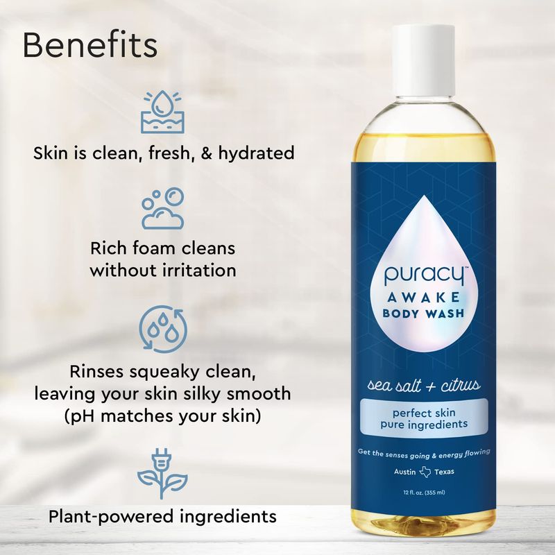 Puracy Body Wash, Natural Body Wash, 98.6% Pure Plant Ingredients, Moisturizing Shower Gel for Women Men Kids, Body Soap for Dry Sensitive Skin. Gently Scented with Citrus &amp; Sea Salt, 12 Oz (2-Pack)