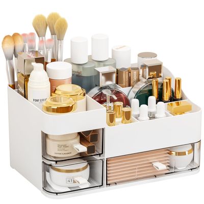 White Makeup Organizer and Storage for Vanity,Large 3 Drawers Dresser Top Skincare Organizer,Cologne Perfume Storage,Plastic Cosmetic Storage Organizer for Women and Mens Bathroom Organizer Countertop