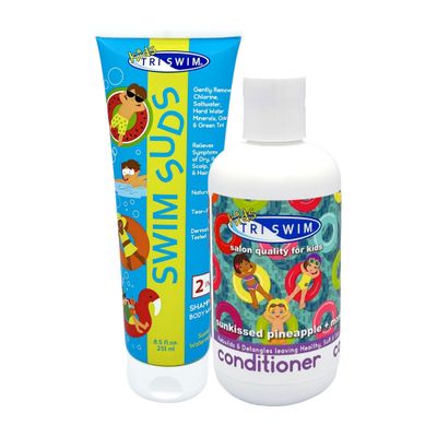 TRISWIM Kids Swim Suds &amp; Conditioner Set 8.5 fl oz each | Natural Tear-Free 2-in-1 Shampoo Chlorine Removal &amp; Body Wash with Detangler - Gentle Hair and Skin Care Solution for Active Kids