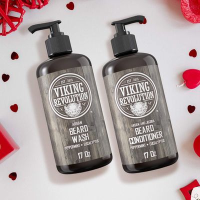 Viking Revolution Beard Wash & Conditioner Set w/Argan & Jojoba Oils - Softens, Smooths & Strengthens Beard Growth - Natural Peppermint and Eucalyptus Scent - Shampoo (17 oz)