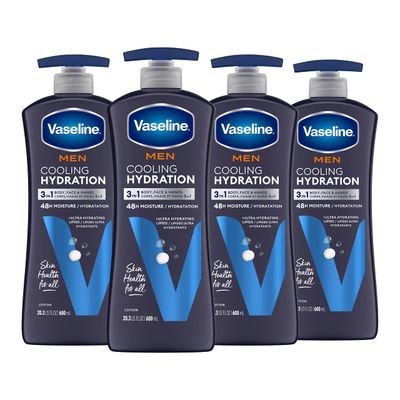 Vaseline Men Cooling Hydration 3-in-1 Face, Hands &amp; Body Lotion for Men for Dry Skin with Menthol &amp; Ultra-Hydrating Lipids 20.3 oz, Pack of 4