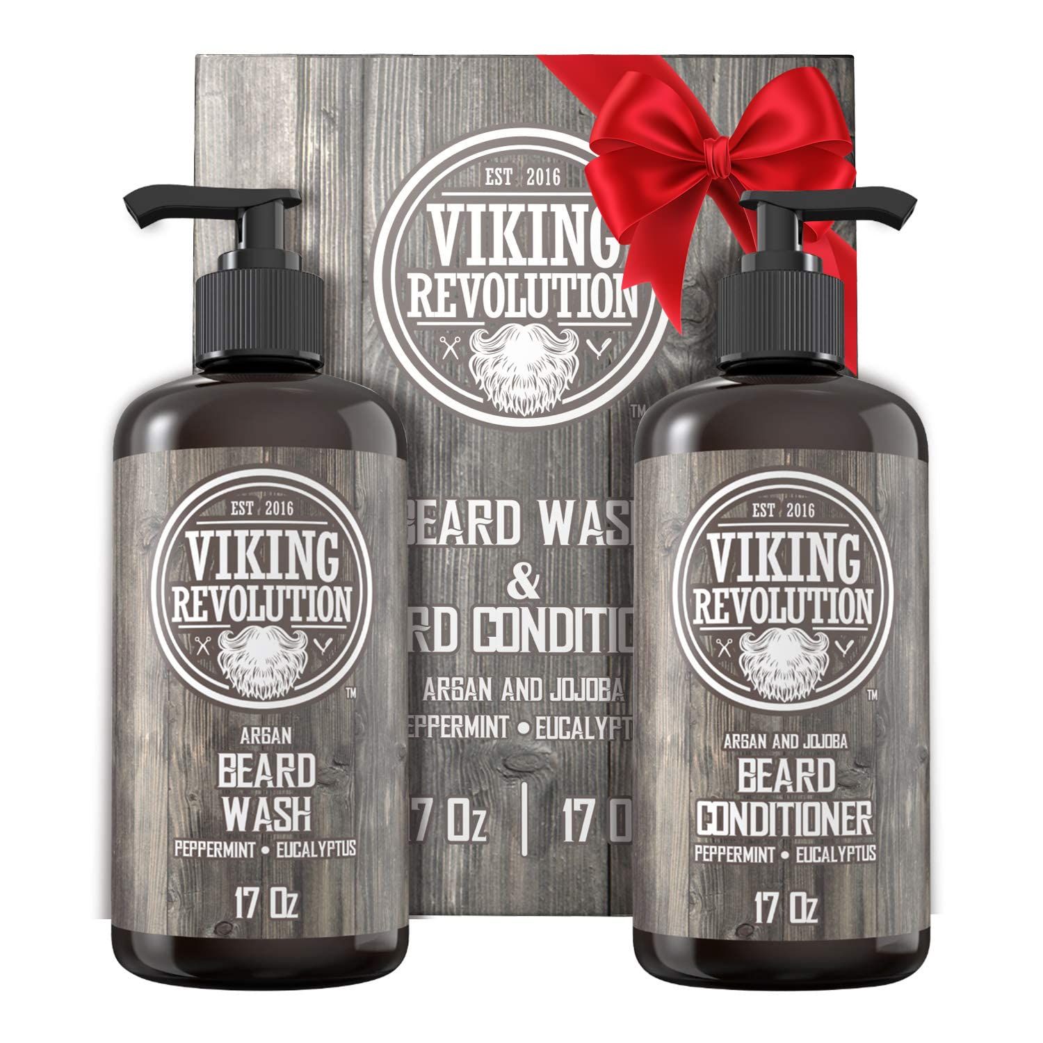Viking Revolution Beard Wash &amp; Conditioner Set w/Argan &amp; Jojoba Oils - Softens, Smooths &amp; Strengthens Beard Growth - Natural Peppermint and Eucalyptus Scent - Shampoo (17 oz)