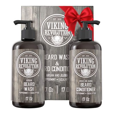 Viking Revolution Beard Wash &amp; Conditioner Set w/Argan &amp; Jojoba Oils - Softens, Smooths &amp; Strengthens Beard Growth - Natural Peppermint and Eucalyptus Scent - Shampoo (17 oz)