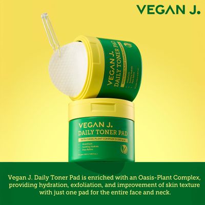 Vegan J Daily Toner Pads | Exfoliating, Hydrating, Moisturizing | Vegan K-Beauty | Oasis-Plant Complex 53,000ppm | Pore Refining &amp; Skin Soothing | 100% Cotton (60 Pads)