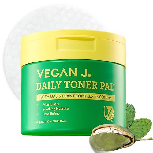 Vegan J Daily Toner Pads | Exfoliating, Hydrating, Moisturizing | Vegan K-Beauty | Oasis-Plant Complex 53,000ppm | Pore Refining &amp; Skin Soothing | 100% Cotton (60 Pads)