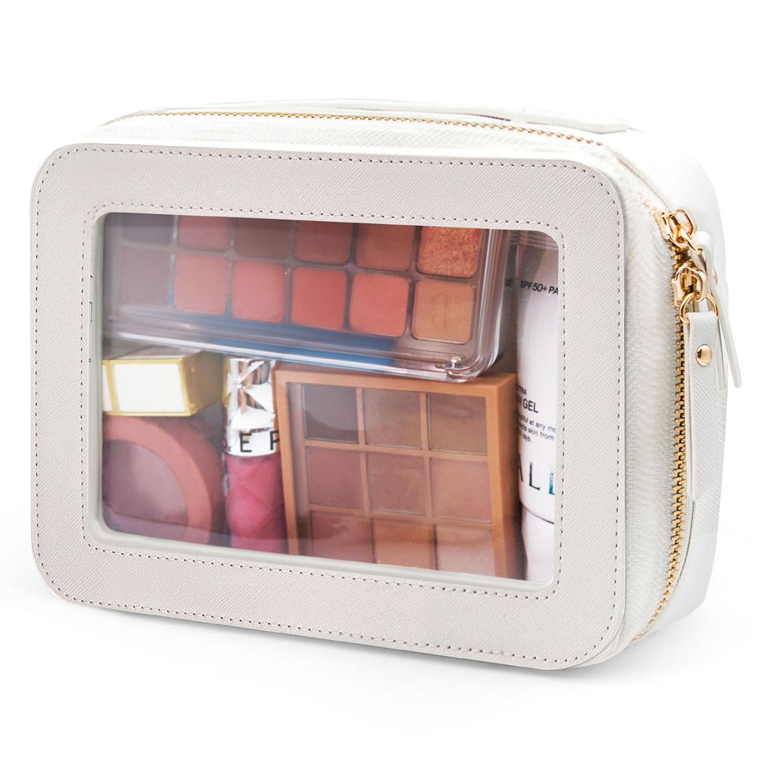LAIMIJIN Clear Makeup Bag, PU Leather Cosmetic Bag with Zipper Portable Toiletry Makeup Organizer Case Travel Essential, Waterproof Transparent Skincare Pouch for Women (White)