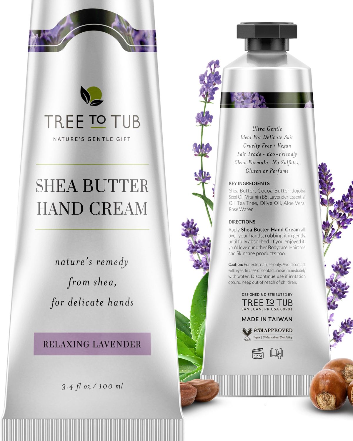Tree to Tub Shea Butter Hand Cream for Dry Cracked Hands - Moisturizing Sensitive Skin Hand Lotion for Women &amp; Men, Non-Greasy Vegan Hand Moisturizer w/Organic Cocoa, Aloe Vera, All Natural Lavender