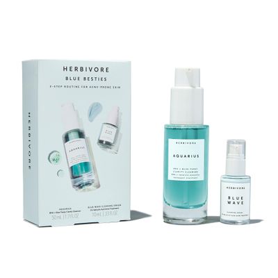 HERBIVORE Blue Besties Duo - 2-Step Treatment for Acne-Prone Skin, Aquarius Cleanser (50 mL) &amp; Blue Wave Serum (10 mL), Plant-Based, Vegan, Cruelty-Free