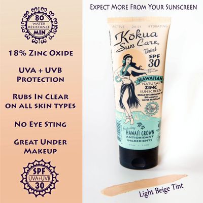 Kokua Sun Care Hawaiian Tinted Non Nano Zinc Oxide Sunscreen for Face &amp; Body, Daily SPF 30/80 Lotion, Moisturizing Sun Protection Cream, Mineral Water Resistance, Reef Safe, Cruelty Free, Vegan
