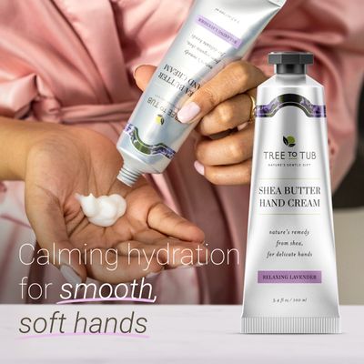 Tree to Tub Shea Butter Hand Cream for Dry Cracked Hands - Moisturizing Sensitive Skin Hand Lotion for Women &amp; Men, Non-Greasy Vegan Hand Moisturizer w/Organic Cocoa, Aloe Vera, All Natural Lavender