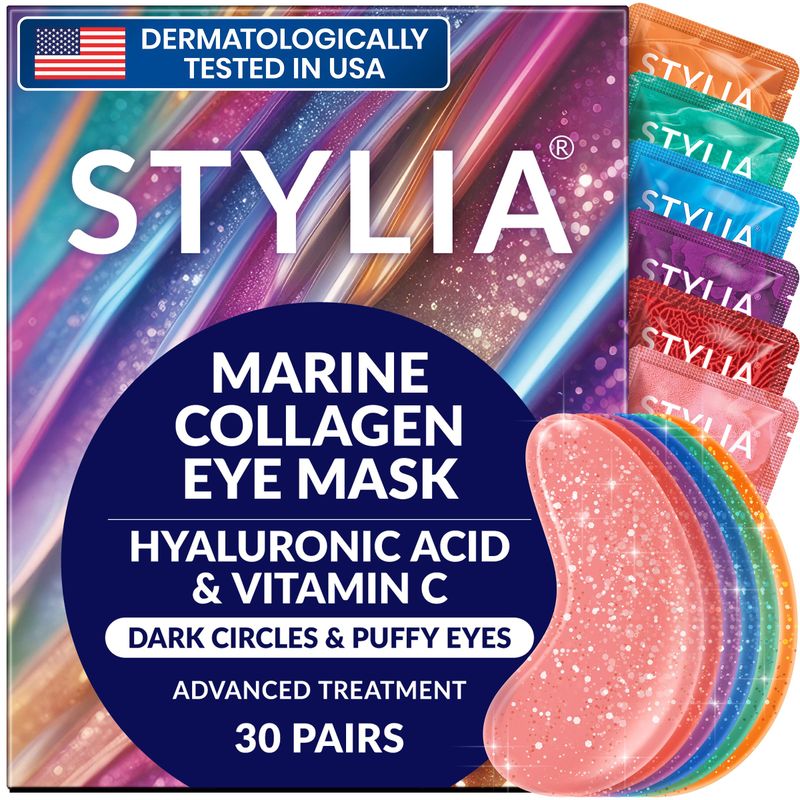 Stylia Under Eye Patches for Dark Circles and Puffy Eyes (30 Pairs), Marine Collagen Eye Mask for Puffiness with Vitamin C, Hyaluronic Acid, Pearl Extract, Eye Gel Pads for Dark Circles and Puffiness