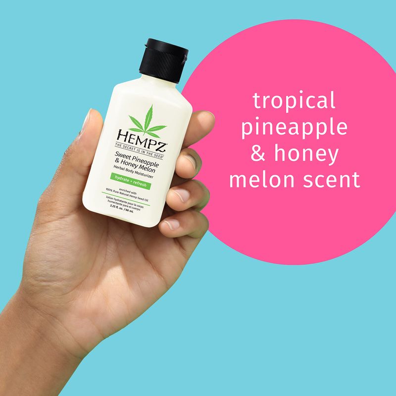 Hempz Sweet Pineapple &amp; Honey Melon Moisturizing Skin Lotion, Hemp Seed Herbal Body Moisturizer with Jojoba, Natural Extracts, Vitamins A and E, 2.25 oz