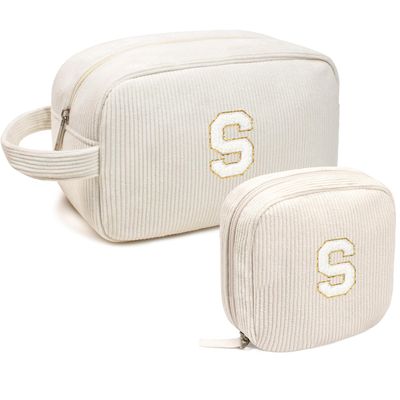LETGO Cute Makeup Bag for Women Her Girls - 2 Travel Makeup Bag | Initial Make Up Bag | Personalized Gifts for Women Friends | Skin Care Bag | Tween Girls Trendy Preppy Stuff(Letter S, 2Pack Beige)
