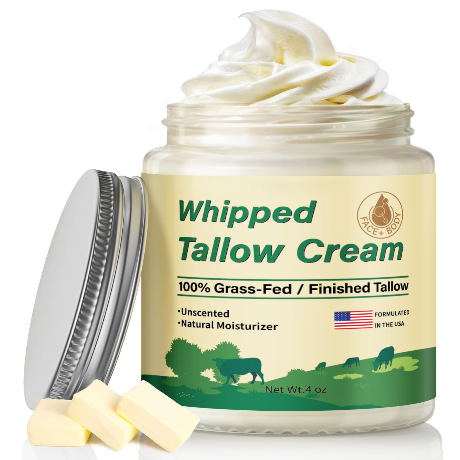 ZIIDII Beef Tallow for Skin, Organic Grass Fed Whipped Beef Tallow Moisturizer Deeply Nourishing for Face &amp; Body, Natural Unscented Tallow Face Moisturizer Smooth Soft for Dry Skin, 4oz