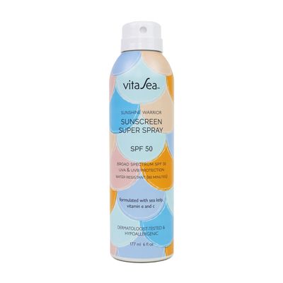 Noodle &amp; Boo VitaSea Sunshine Warrior Adult &amp; Kids Sunscreen Super Spray SPF 50 for Face and Body, Broad Spectrum UVA &amp; UVB Protection, Water Resistant Formula with Sea Kelp, Vitamin E &amp; C, 6 Fl Oz.