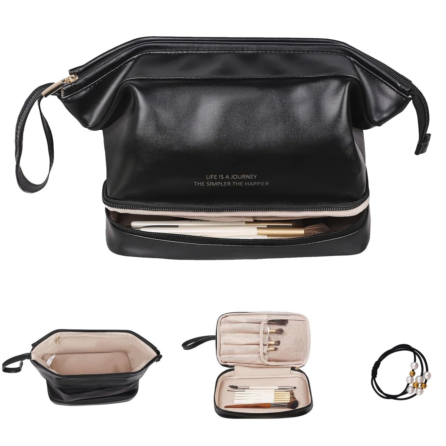 Large capacity cosmetic bag Leather Waterproof Portable makeup bagPersonalized birthday gifts for women makeup organizer travel essentials for toiletry bagskincare bag with compartments (Black)