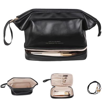 Large capacity cosmetic bag Leather Waterproof Portable makeup bagPersonalized birthday gifts for women makeup organizer travel essentials for toiletry bagskincare bag with compartments (Black)