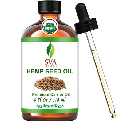 SVA ORGANICS Hemp Seed Oil Cold Pressed 4oz (118 ml) Premium Carrier Oil With Dropper For Skin Care, Hair Care, Scalp Massage, Body Massage, Hair Products, Cosmetics &amp; Soap