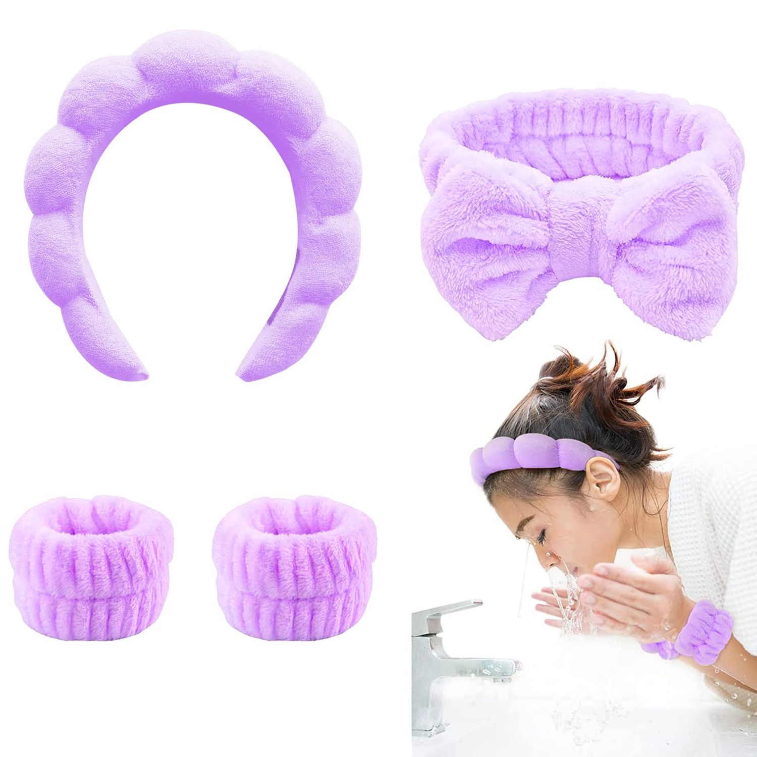 LIEWEILS TLUXX 4-Piece Spa Headband &amp; Wristband Set Reusable Makeup &amp; Skincare Accessories for Face Washing, Preventing Liquid Overflow - Ideal for Women &amp; Girls