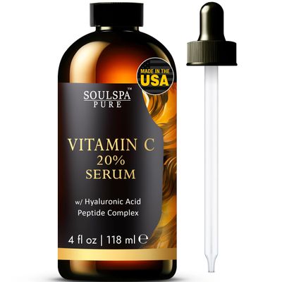 SOULSPA PURE Vitamin C Serum for Face - Enhanced with Hyaluronic Acid &amp; Peptides - Best Vitamin C Face Serum for Hydration - Anti-Aging Facial Serum, 4 fl oz