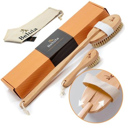 Premium Dry Brushing Body Brush Set by Belula- Natural Boar Bristle Body Brush, Exfoliating Face Brush &amp; One Pair Bath &amp; Shower Gloves. Free Bag &amp; How To - Great Gift For A Glowing Skin &amp; Healthy Body