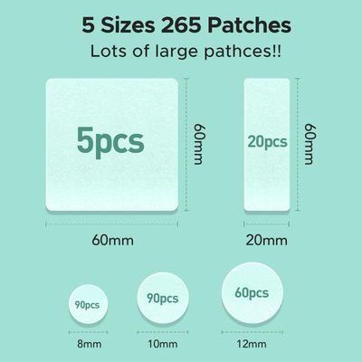 TKTK Large Pimple Patches, 60 mm XL Acne Patches, Big Hydrocolloid Bandages for Body, Face, Forhead, Chin, Neck Zit Breakouts, Hydrocolloid Patch (Square, Strip, Dot 5 Sizes 265 Count)