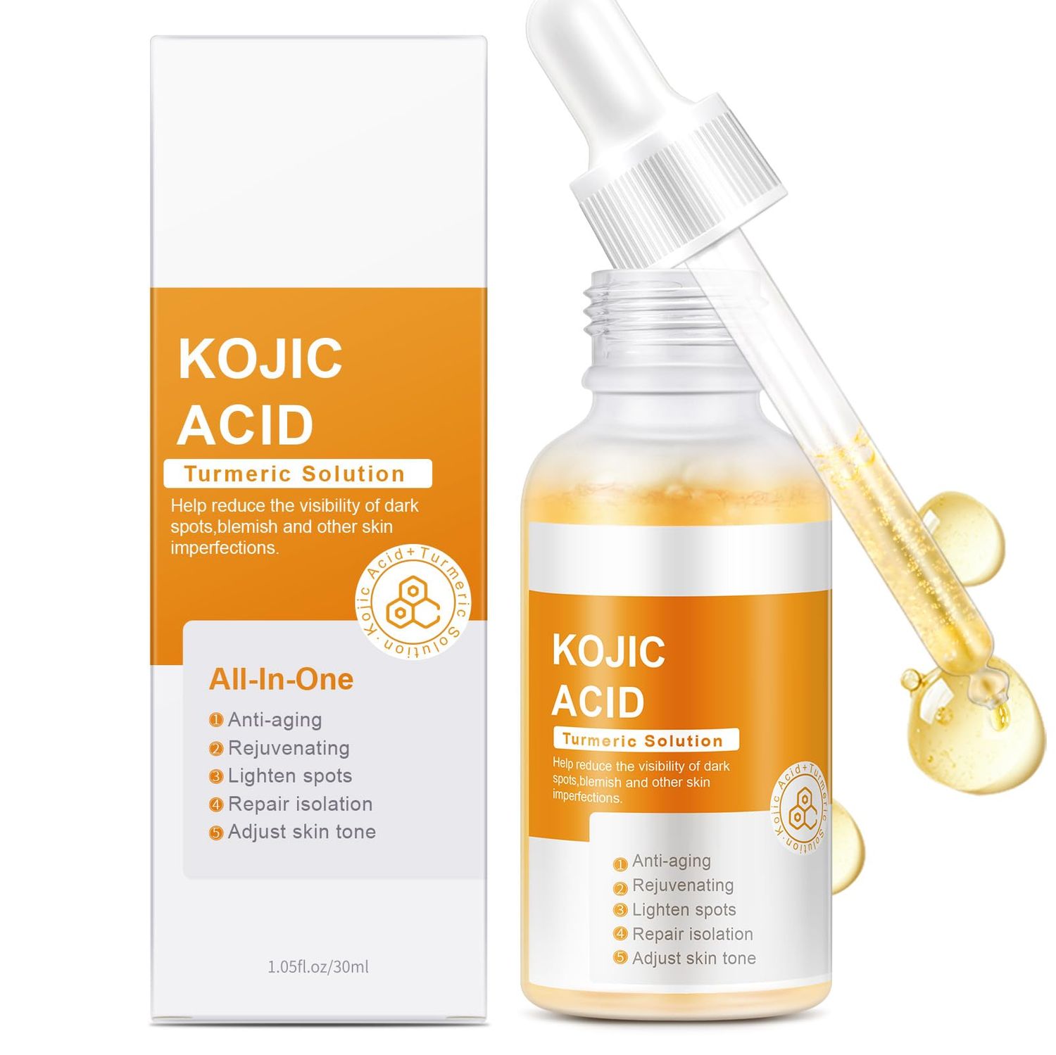 Kojic Acid Turmeric Serum for Dark Spot Treatment, 30 ML/ 1 PCS Brightening Kojic Acid Serum for Moisturizes &amp; Firms Face, Dark Spot Corrector for Dull Skin &amp; Fine Lines, Evens Skin Tone.