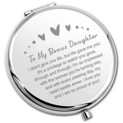 PLITI Bonus Daughter Compact Mirror Adopted Daughter Gift to My Bonus Daughter Inspirational Pocket Mirror from Mom Dad (Bonus Daughter Proud CM)