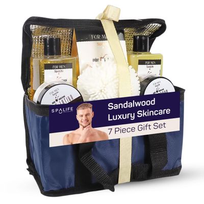 SpaLife Men&#39;s Sandalwood Luxury Spa Skincare Set - Complete Care Kit for Rugged Revitalization, Exfoliating Scrub - Bath and Body Collection for Cleansing, Moisturizing, and Rejuvenation