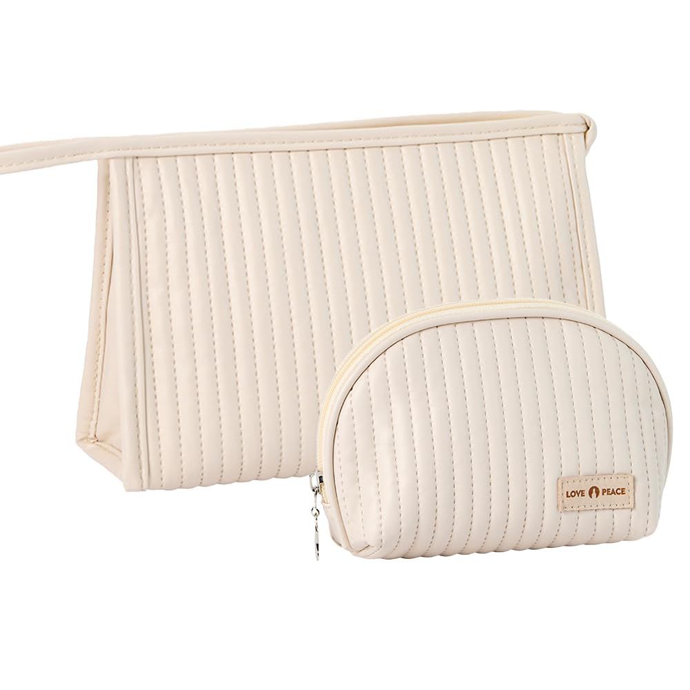 kamumanni Makeup Bag for Purse, Makeup Bag Set of 2, Large Zipper Pouch Bag for Skincare Products, Half Moon Cosmetic Bag for Purse (Cream)