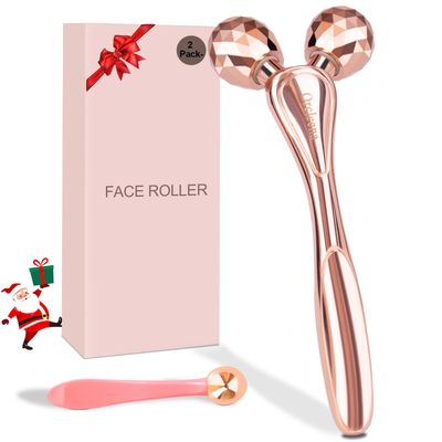 ORCLEENA 3D Face Roller Metal Facial Massager Face Sculpting Gua Sha Massage Tool for Eye Skin Care Reducing Puffiness Anti-Wrinkle for Women Girl Gift Set(Rose Gold)