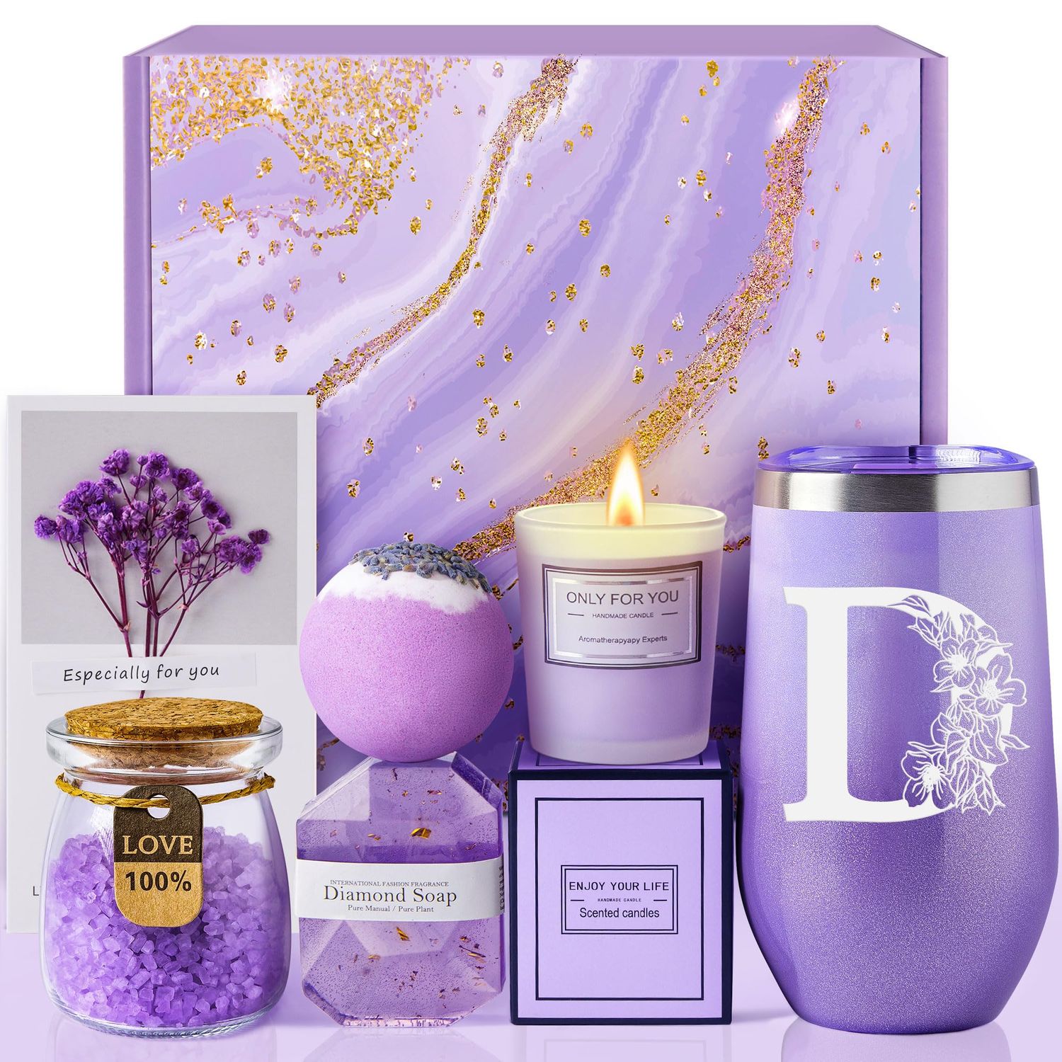 Self Care Gifts for Women, Unique Birthday Gifts, Thinking of You, Get Well Soon Care Package with 20oz Initial Tumbler, Christmas Relaxing Spa Gift Box Basket for Her Sister Best Friends Mom (D)