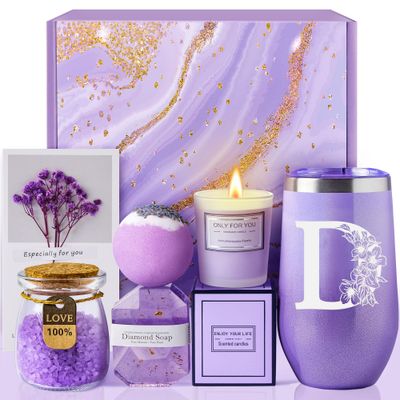 Self Care Gifts for Women, Unique Birthday Gifts, Thinking of You, Get Well Soon Care Package with 20oz Initial Tumbler, Christmas Relaxing Spa Gift Box Basket for Her Sister Best Friends Mom (D)