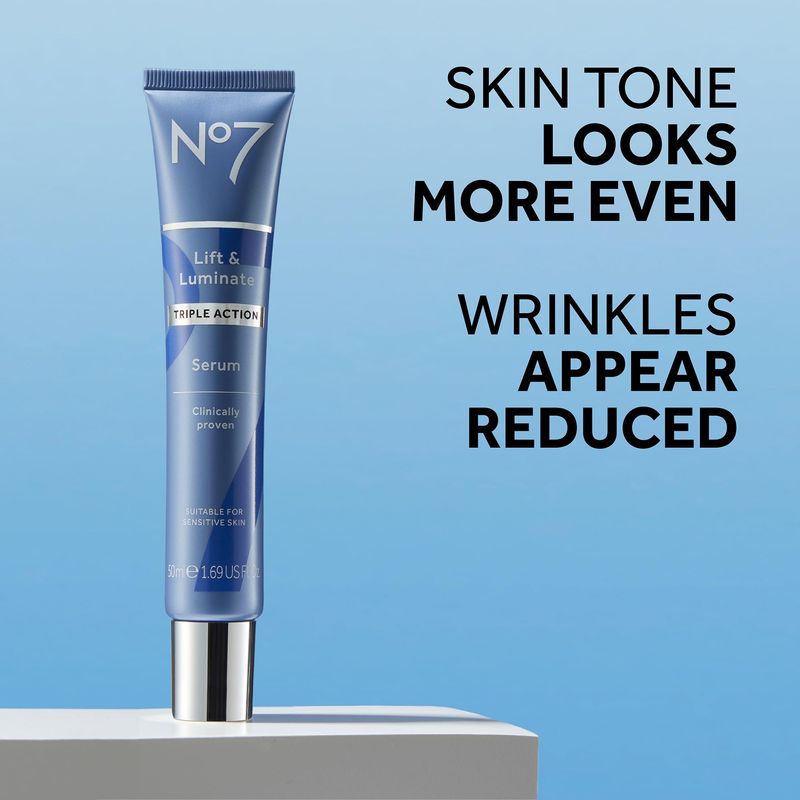 No7 Lift &amp; Luminate Triple Action Face Serum - Collagen Peptide Anti Wrinkle + Brightening Emblica &amp; Vitamin C Serum + Pro Retinol Skin Firming Hyaluronic Acid &amp; Hibiscus (50ml)