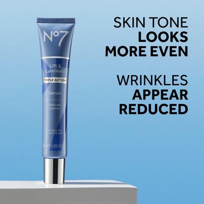 No7 Lift & Luminate Triple Action Face Serum - Collagen Peptide Anti Wrinkle + Brightening Emblica & Vitamin C Serum + Pro Retinol Skin Firming Hyaluronic Acid & Hibiscus (50ml)