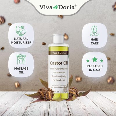 Viva Doria Cold-Pressed Golden Castor Oil for Hair Growth, Skin Care, and Natural Remedies, 9 oz - USP Grade, Premium Quality