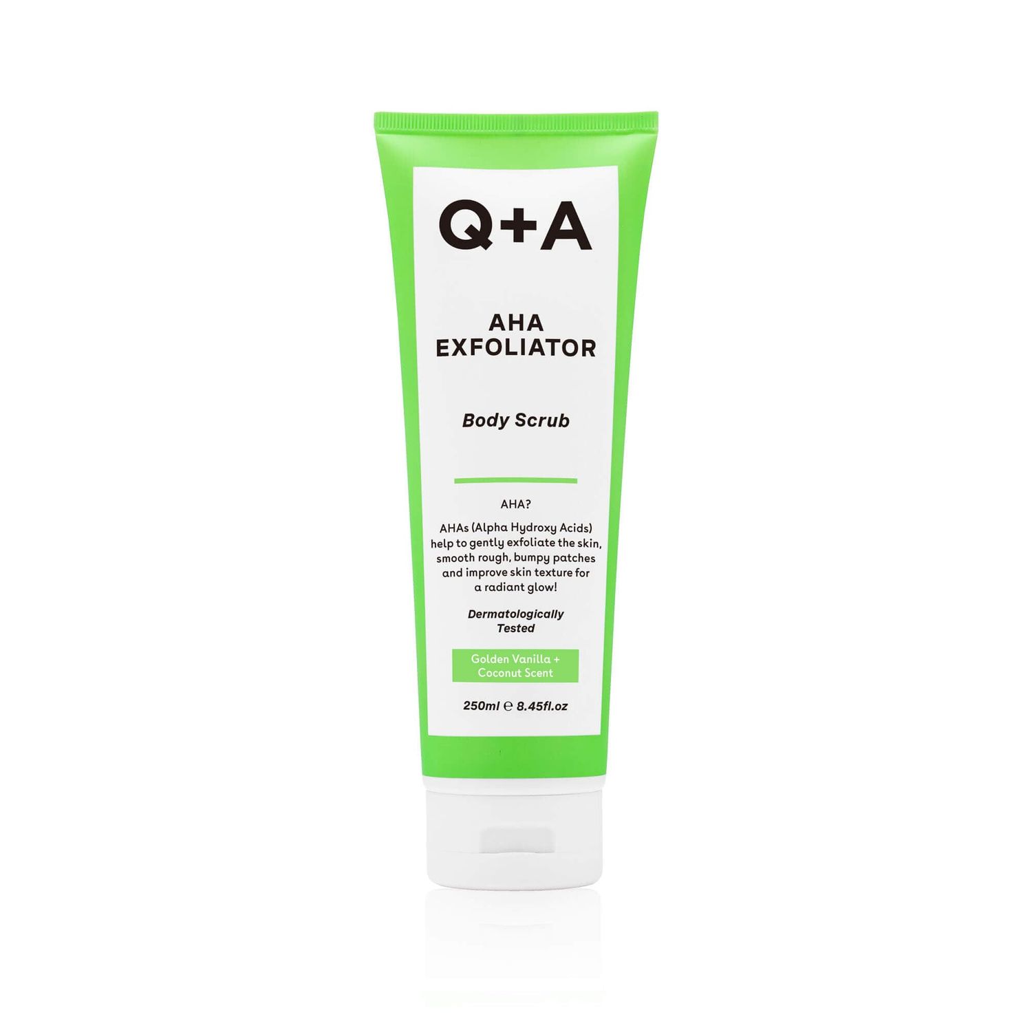 Q+A AHA Exfoliator Body Scrub, blend of AHAs Lactic Acid and Glycolic Acid combined with exfoliants, improves skin texture and promotes soft and supple skin, 250ml