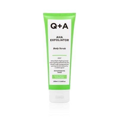 Q+A AHA Exfoliator Body Scrub, blend of AHAs Lactic Acid and Glycolic Acid combined with exfoliants, improves skin texture and promotes soft and supple skin, 250ml