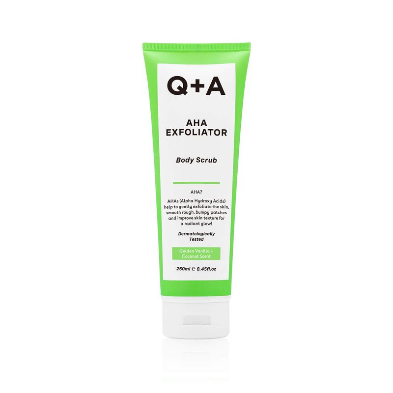 Q+A AHA Exfoliator Body Scrub, blend of AHAs Lactic Acid and Glycolic Acid combined with exfoliants, improves skin texture and promotes soft and supple skin, 250ml