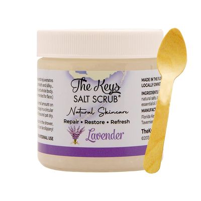 The Keys Salt Scrub - Lavender Sea Salt Scrub - Exfoliating Body Scrub with Wooden Spoon - Moisturizing Exfoliator for Face, Hands, Foot, Bath, Manicure &amp; Pedicure, and Bikini Area Skin Care (3.4 oz.)