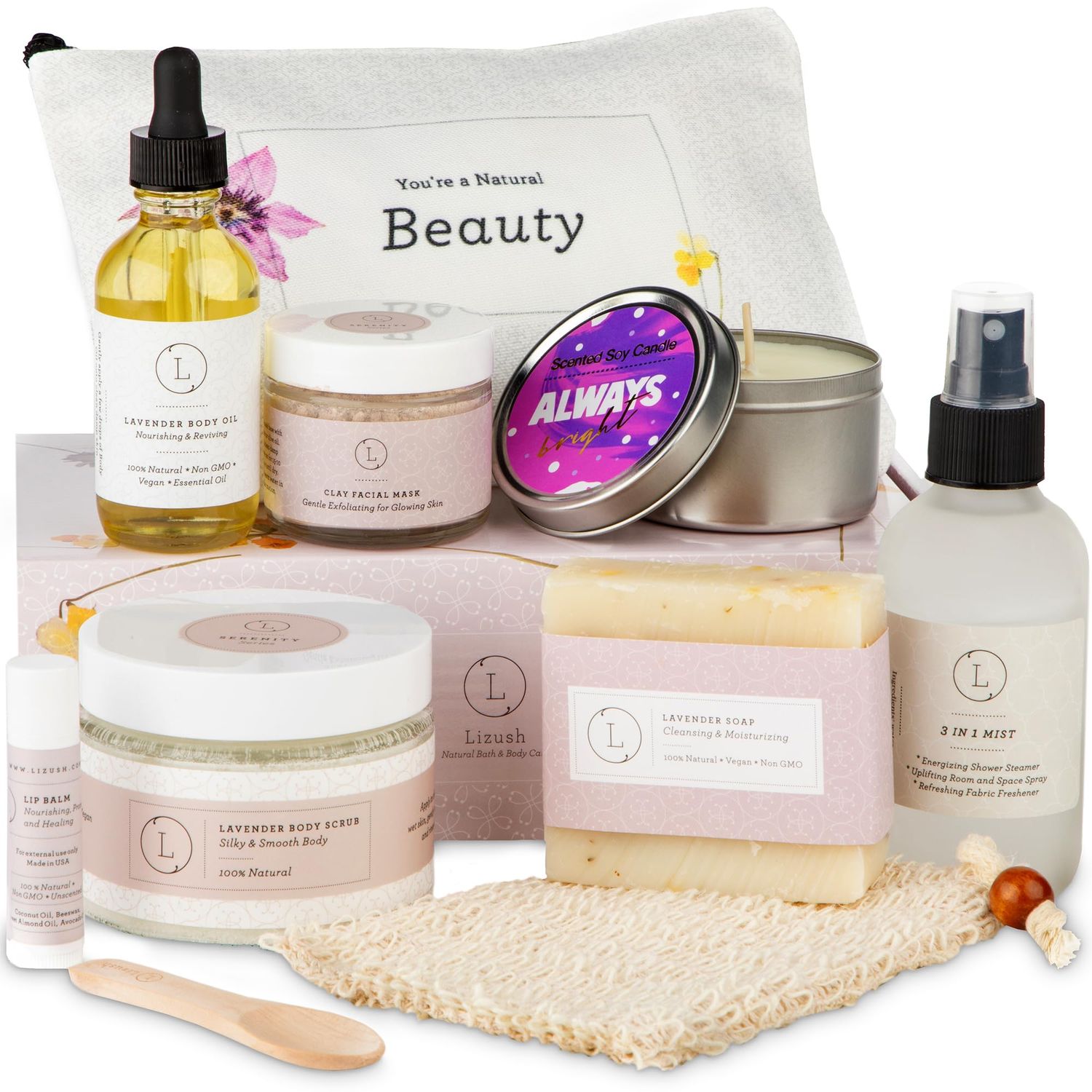 Lizush Luxury Spa Gifts for Women - 9 Piece Lavender Gift Baskets for Women, Body Care Set for Mom, Birthday Box For Women, Self Care Spa Kit For Wife - Handmade In The USA