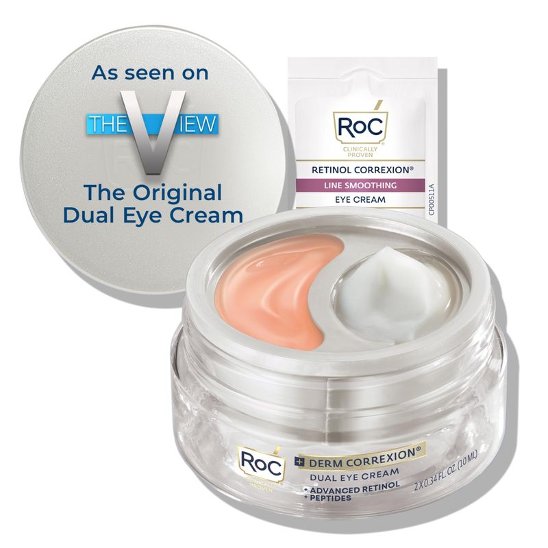 RoC Derm Correxion Dual Eye Cream with Advanced Retinol + Peptides for Puffy Eyes and Dark Circles, Stocking Stuffers for Men &amp; Women, (.68 oz) with Retinol Eye Cream Packette