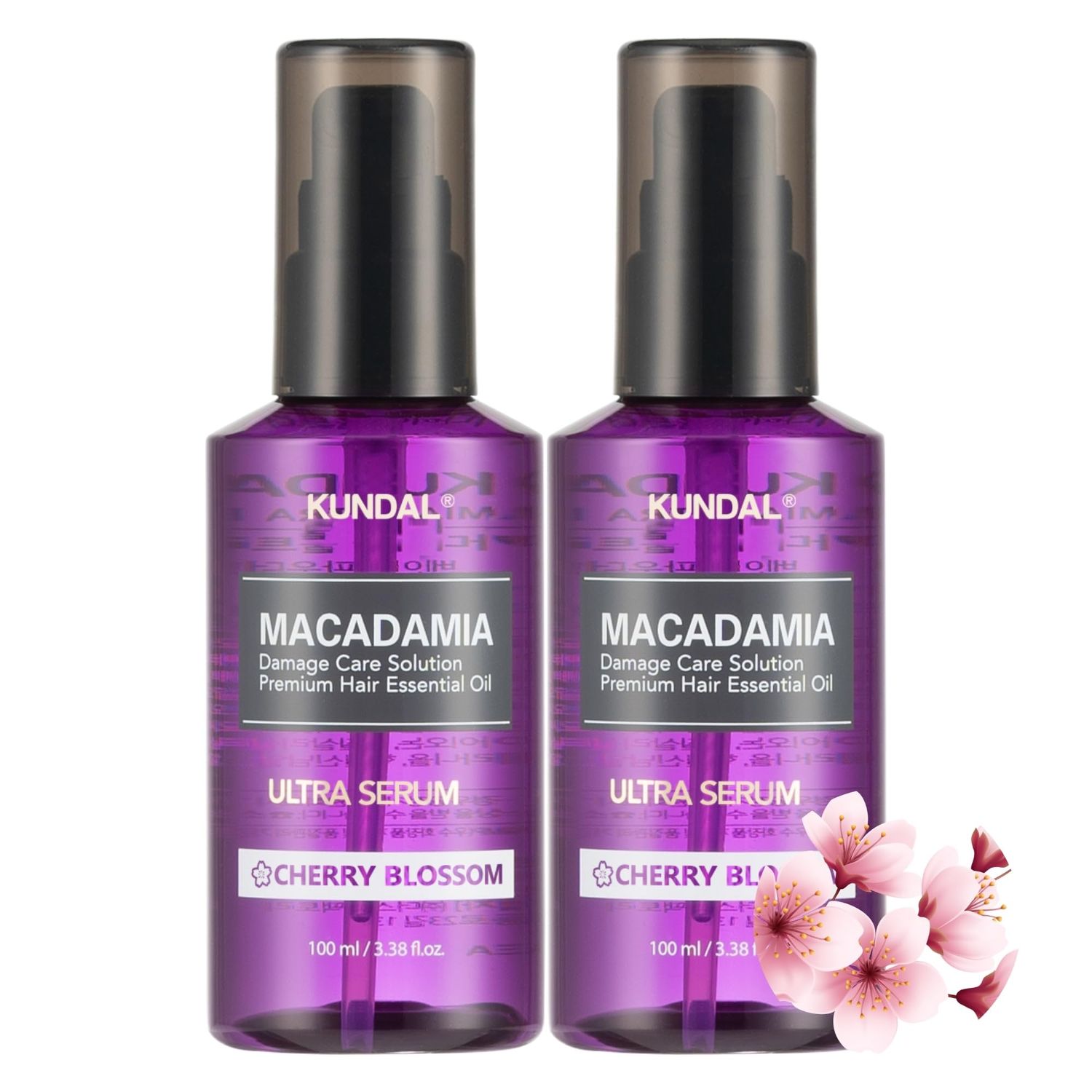 Kundal Intense Repair Quick Damaged Care Hair Serum [Cherry Blossom] - Premium Hair Essential Oil, Natural Ingredients, Deep Nourishment. 200ml (100ml x2ea) 6.76 fl. oz