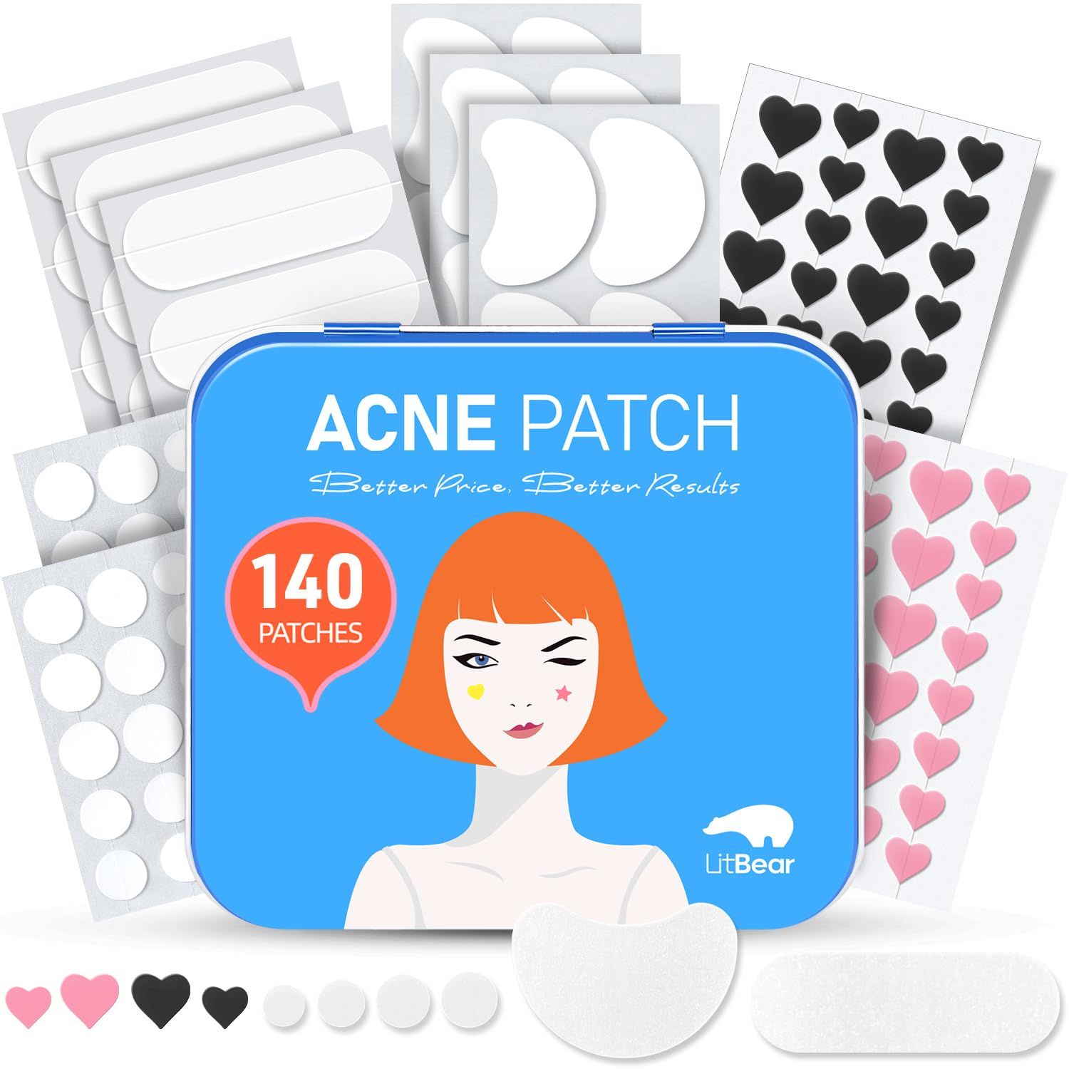 LitBear Acne Pimple Patch, 8 Sizes 140 Pcs Hydrocolloid Acne Patches with Storage Box, 24 XL Pimple Patches for Face, Chin, Nose, 4 Shapes Zits Patches for Blemish, dots with Tea Tree Oil &amp; Cenrella