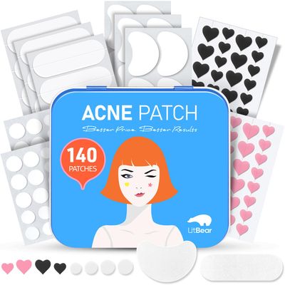LitBear Acne Pimple Patch, 8 Sizes 140 Pcs Hydrocolloid Acne Patches with Storage Box, 24 XL Pimple Patches for Face, Chin, Nose, 4 Shapes Zits Patches for Blemish, dots with Tea Tree Oil &amp; Cenrella