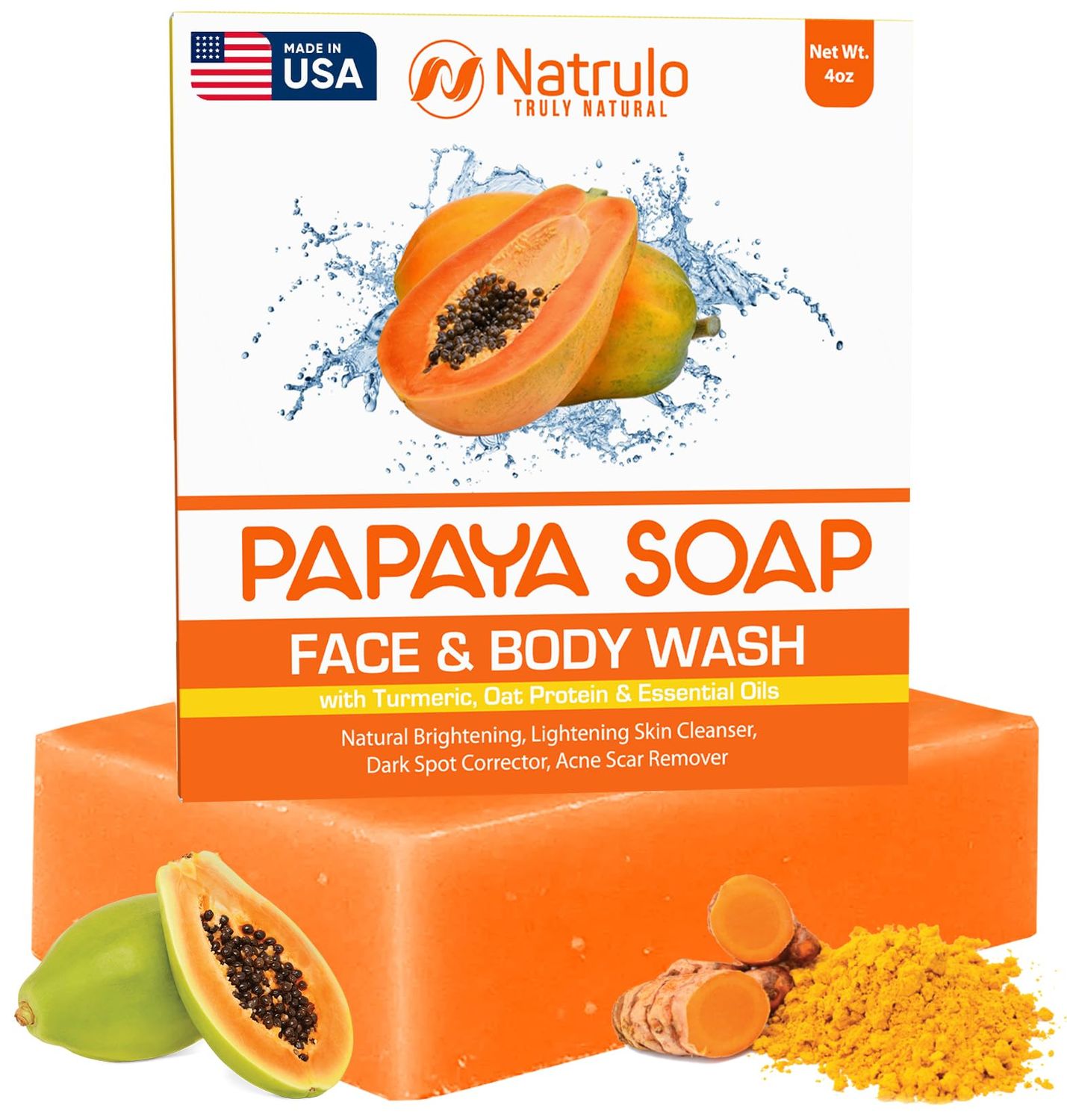 Papaya Soap Face &amp; Body Wash - Skin Brightening Papaya Soap Bar for Dark Spots - Reduce Acne, Cleanse Scars, &amp; Even Skin Tone - with Turmeric, Kojic Acid, &amp; Essential Oils - for All Skin Types