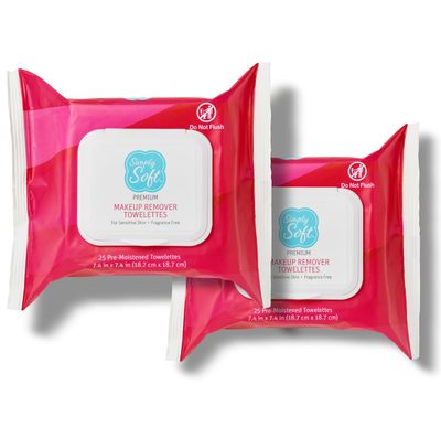 Simply Soft Premium Makeup Remover Towelettes 50 ct (2 - 25 Count Flip-top Packs), Fragrance-Free Makeup Wipes for Sensitive Skin, Hypoallergenic, pH Balanced Eye Makeup Remover Wipes, Face Wipes