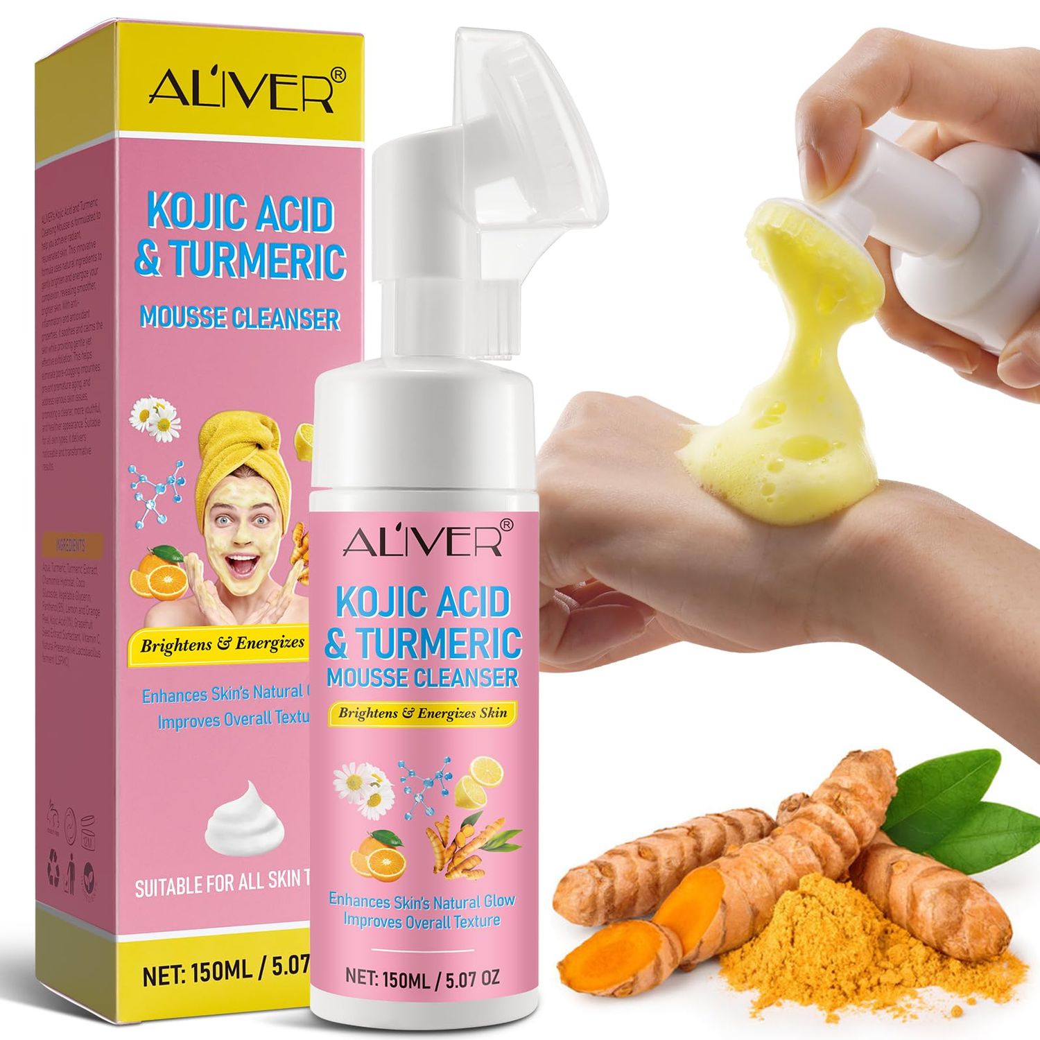 Turmeric Face Wash, Turmeric Facial Cleanser Turmeric Kojic Acid Foaming Cleansing, Deep Cleansing of Facial Skin for Face and Body, Help Balance Skin Oil and Water, Lighten Spots