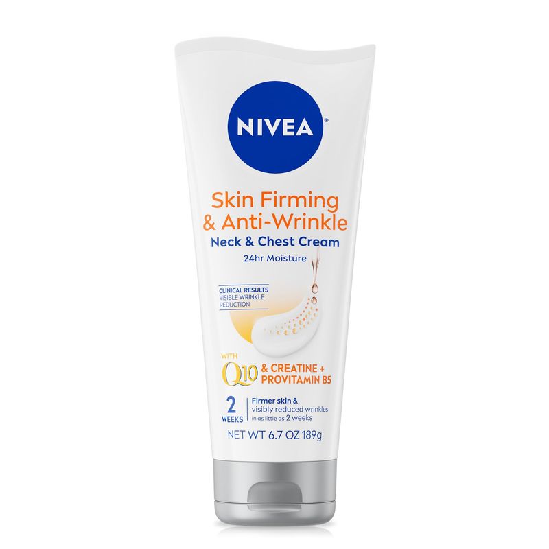 NIVEA Skin Firming and Anti Wrinkle Neck and Chest Cream with Q10, Creatine and Provitamin B5, Skin Firming Body Cream Reduces the Look of Fine Lines and Wrinkles, 6.7 Oz Tube