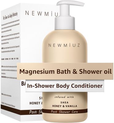 Magnesium In-Shower Body Conditioner Soft Skin Natural Post Shower Care Wet Skin Moisturizer for Body &amp; Legs 2 in 1 Bath Oil &amp; Shower Oil for Dry Skin Non Greasy Shea Honey Vanilla Self Care Spa Gift